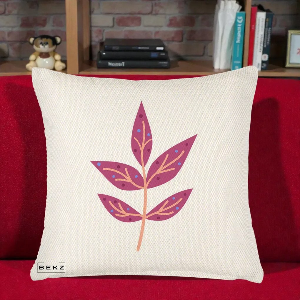 Perna Decorativa Ramura Botanica Mov, 40x40 cm, Crem Reliefat, Husa Detasabila, Perna Inclusa, BEKZ®
