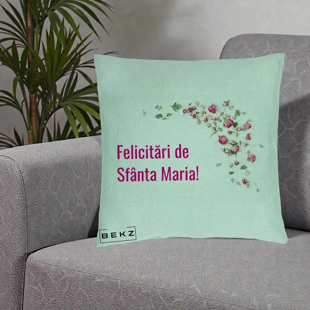 Cadou de Onomastica - Perna Personalizata Felicitari de Sfanta Maria, 40x40 cm, Verde Menta, Husa Detasabila, Perna Inclusa, BEKZ®
