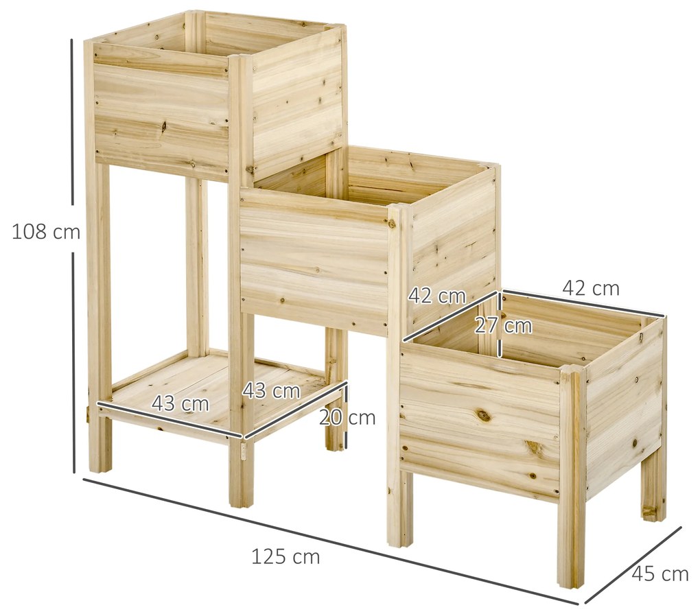 Outsunny Pat de Grădină Înălțat pe 3 Nivele cu Raft de Depozitare, Cutii de Plantare Înălțate din Lemn, 125x45x108 cm, Lemn Natural  | Aosom Romania