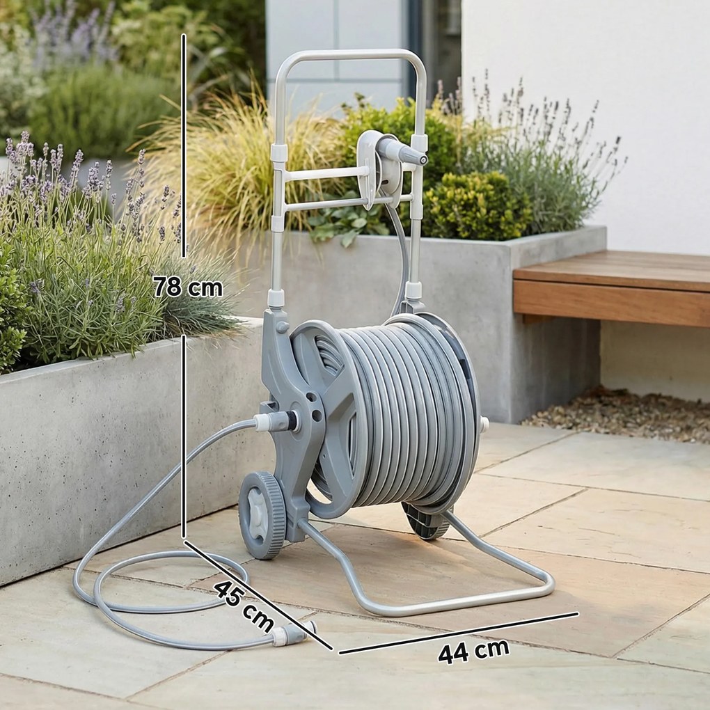 Outsunny Carucior pentru furtun 45 m tambur pentru furtun cu 2 moduri de pulverizare, adaptor robinet manivelă 2 roți 45 x 44 x 78 cm Gri | Aosom Romania