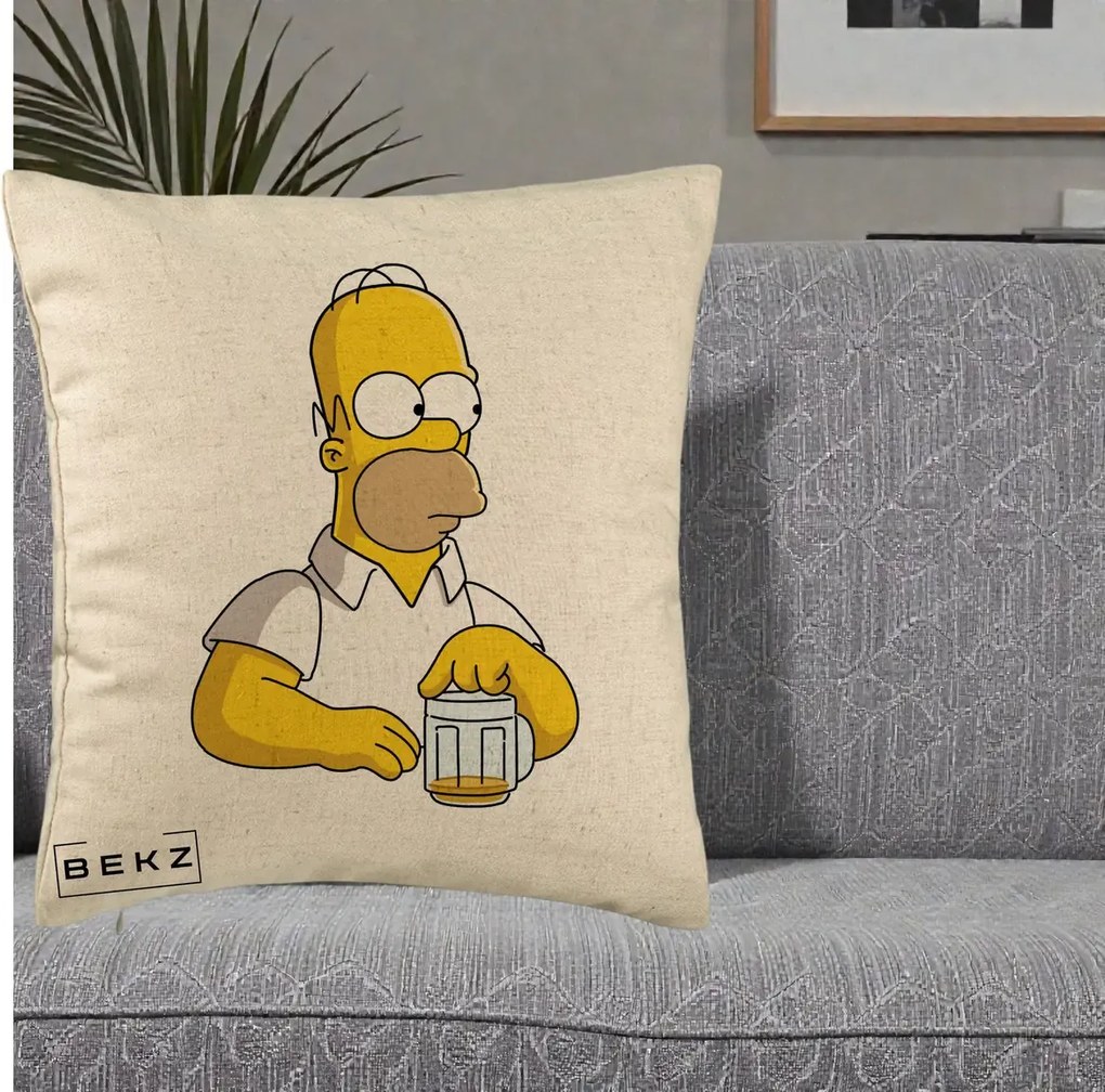 Perna Personalizata Homer Simpson cu Bere, 40x40 cm, Bej, Husa Detasabila, Perna Inclusa, BEKZ®