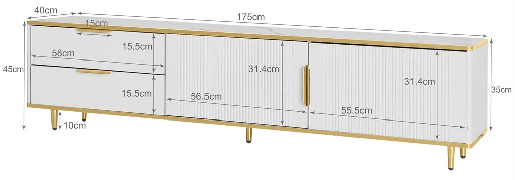 Mobilă TV joasă cu textură sculptată, mânere și picioare aurii, structură cu efect de marmură pentru living, 175x40x45 cm, albă