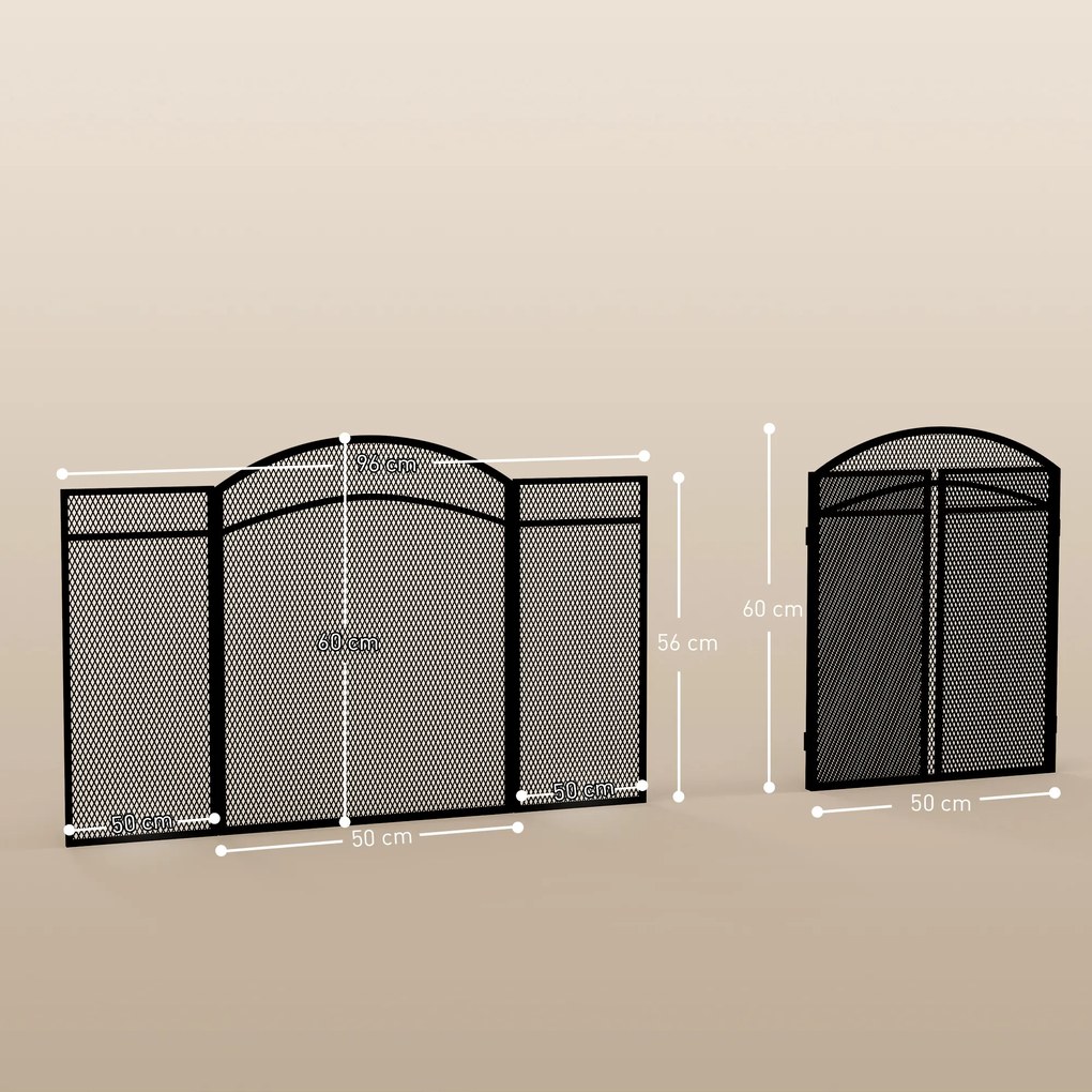 HOMCOM Paravan Anti-Scântei Pliabil cu 3 Panouri pentru Șemineu, Grilaj Metalic, 96x60 cm, Negru | Aosom Romania