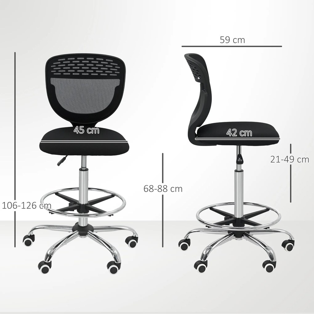 Vinsetto Scaun de birou ergonomic din plasă, scaun de desen, înălțime și suport pentru picioare reglabile, 59 x 59 x 106-126 cm, negru | Aosom Romania