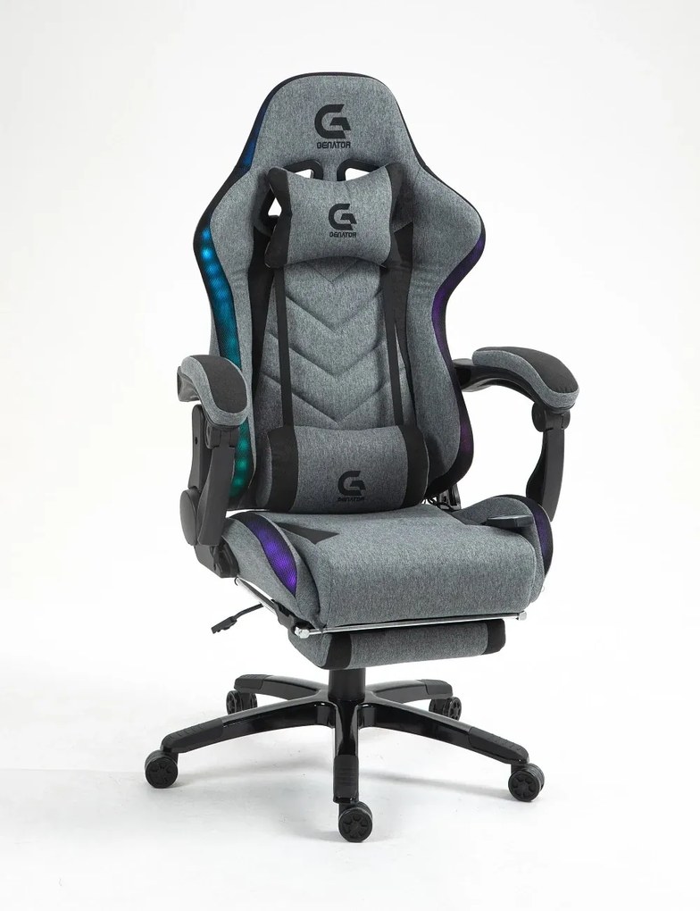 Scaun gaming, Masaj 7 puncte, Sistem iluminare banda LED RGB, Boxe Bluetooth, funcție șezlong, 90-155 grade, suport picioare, Textil, Gri/Negru