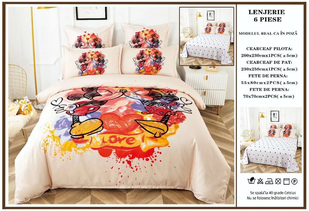 Lenjerie De Pat Finet Premium Pat Dublu - Minnie  Mickey Love Color