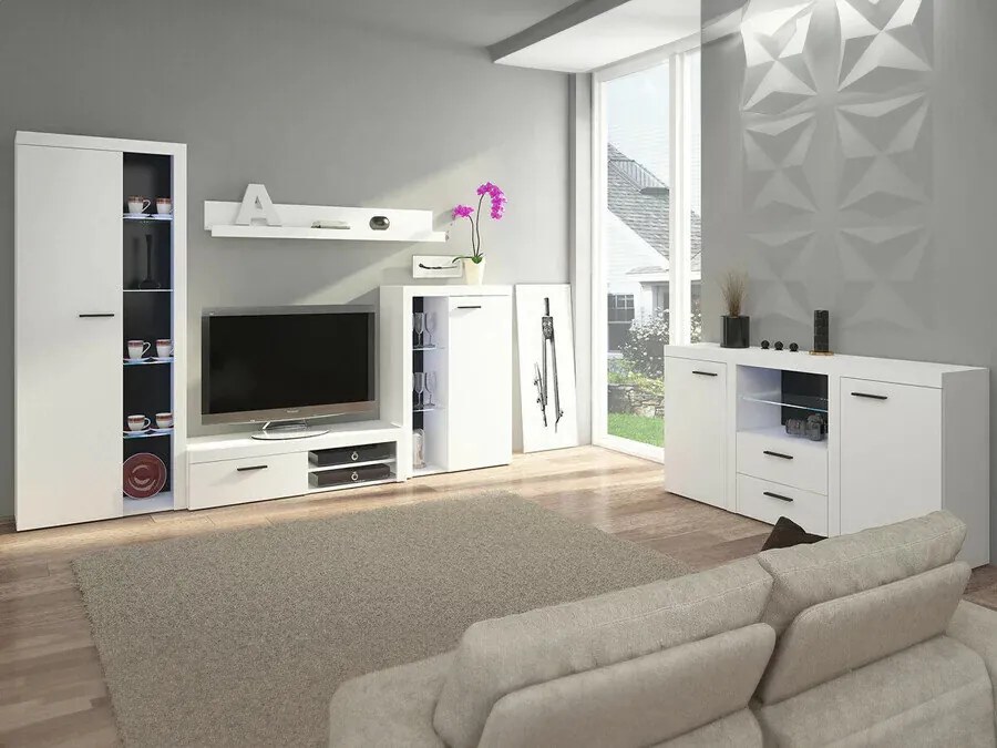 Set camera de zi Tucson 106Alb, Cu comodă TV, Cu componente suplimentare, Părți separate, PAL laminat, Sticlă, 190x41cm, 146 kg