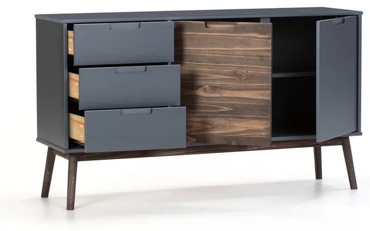 Comodă gri antracit/maro închis joasă din lemn masiv de pin 140x80 cm Nussa – Marckeric