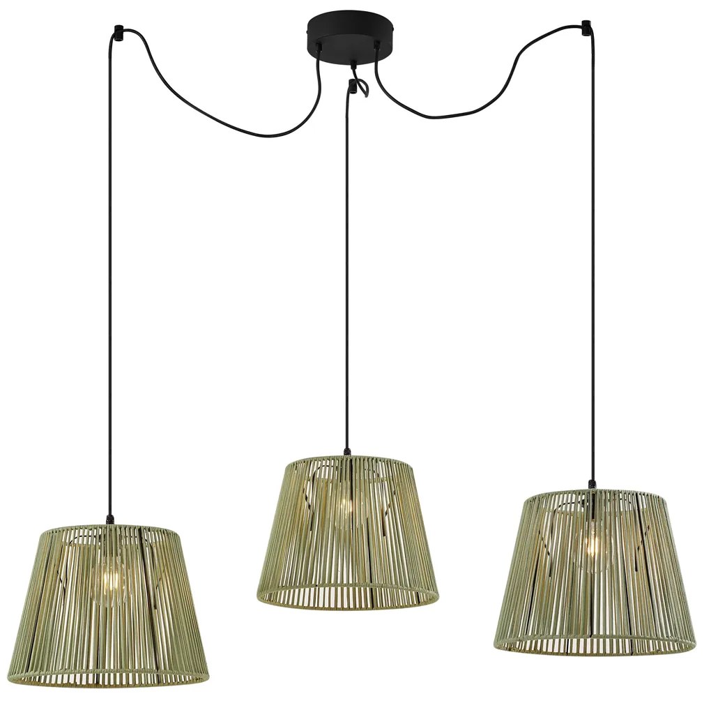 Lampa suspendată de exterior neagră cu abajururi din sfoară verde 3 lumini IP44 - Cava Jayla