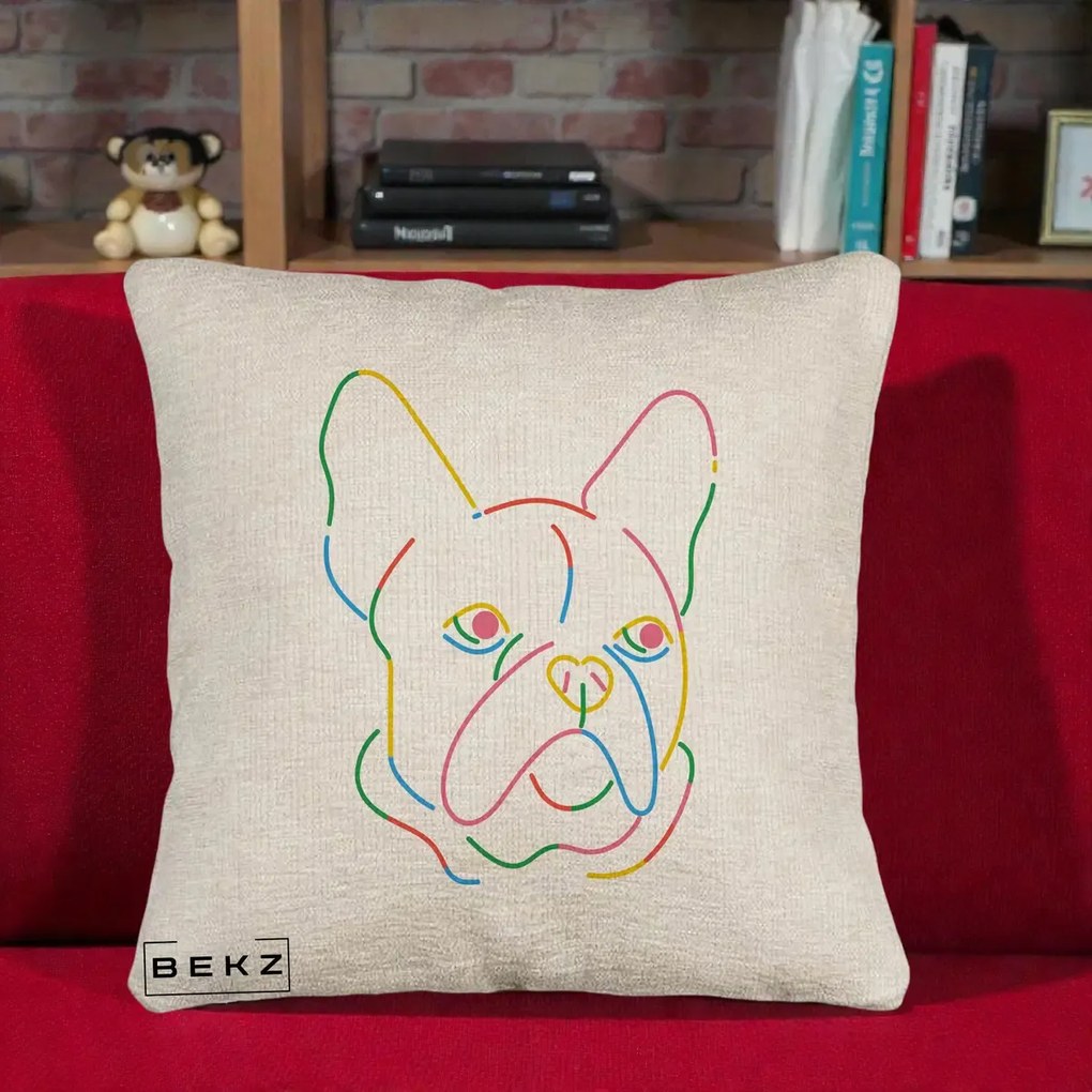 Perna Decorativa Bulldog Francez Line Art Curcubeu, 40x40 cm, Bej Canapea, Husa Detasabila, Perna Inclusa, BEKZ®