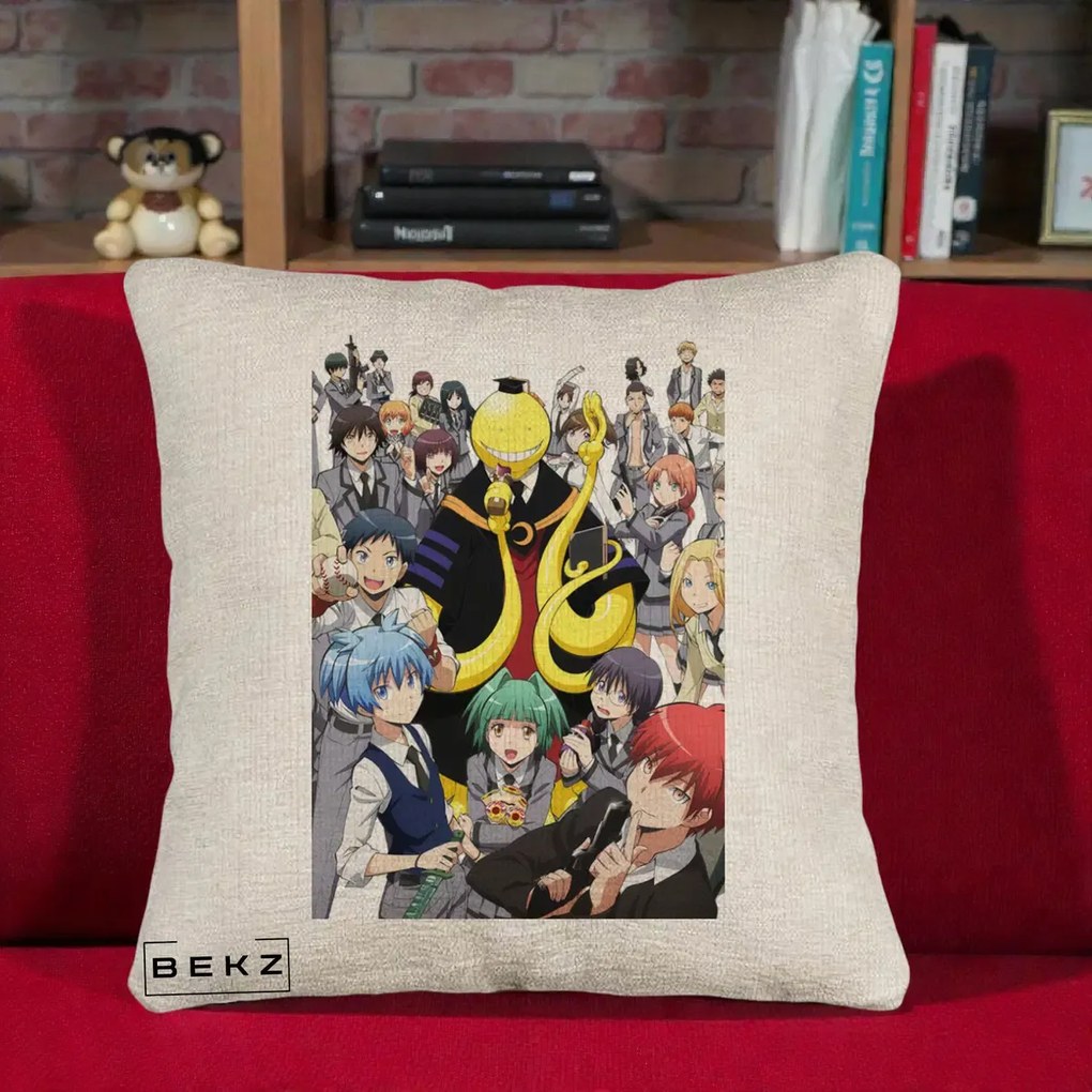 Perna Personalizata Assassination Classroom Grup Complet Anime, 40x40 cm, Bej Canapea, Husa Detasabila, Perna Inclusa, BEKZ®