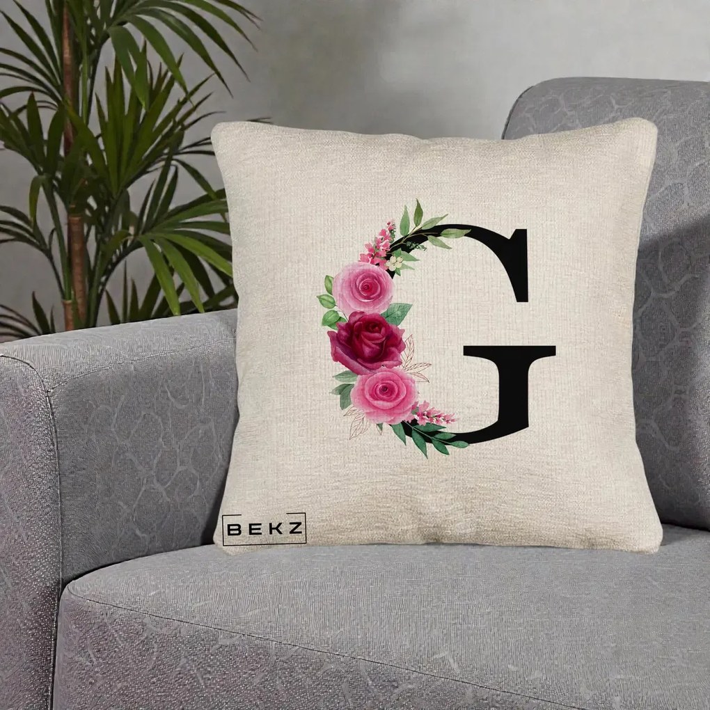 Cadou Personalizat - Perna Personalizata Monograma Florala Litera G, 40x40 cm, Bej Canapea, Husa Detasabila, Perna Inclusa, BEKZ®