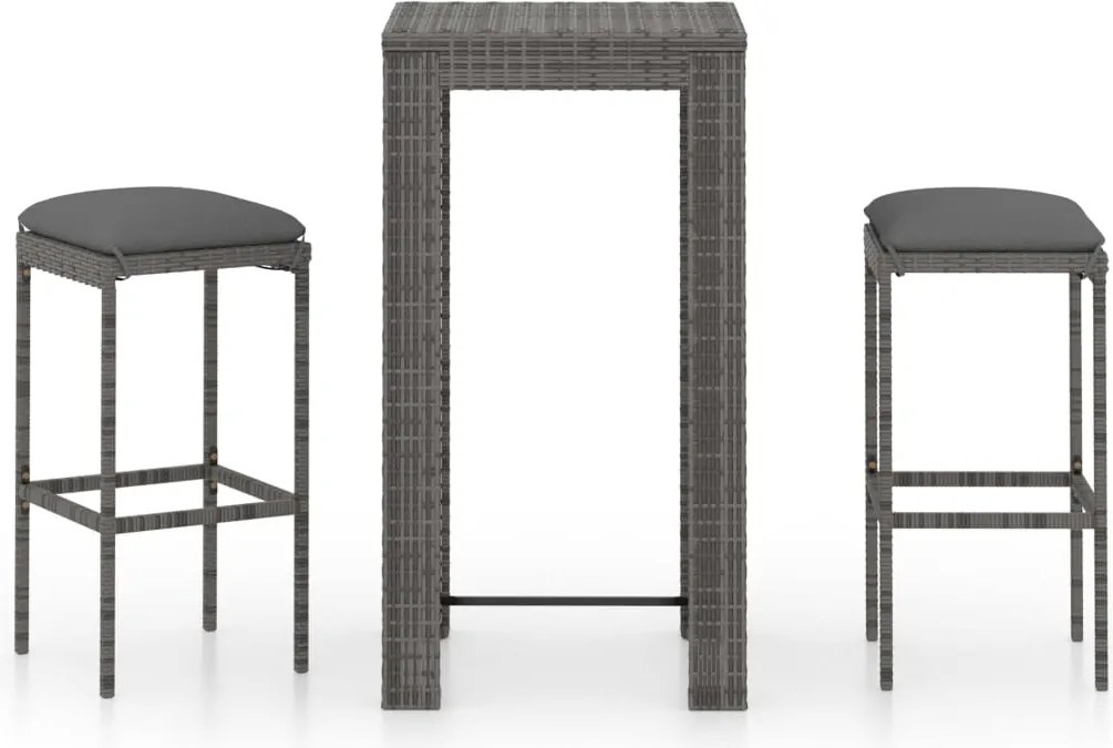 vidaXL Set mobilier bar de grădină, cu perne, 3 piese, gri, poliratan