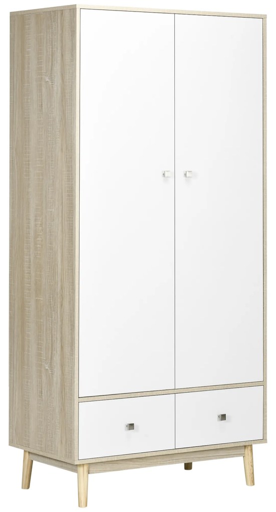 HOMCOM Dulap haine, 2 sertare si cuier, cu 2 usi, cu 4 compartimente, dulap cu sertar rezistent la apa si usor de curatat, alb, 90x50x190cm | Aosom Romania