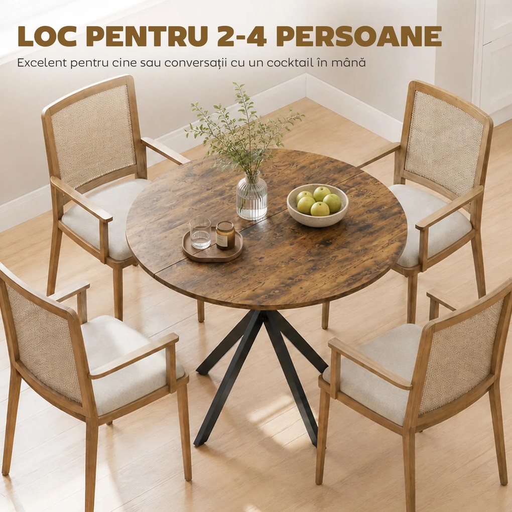 HOMCOM Masă rotundă de dining în stil industrial, cu picioare în cruce din oțel, Ø80x75 cm, maro rustic | Aosom Romania