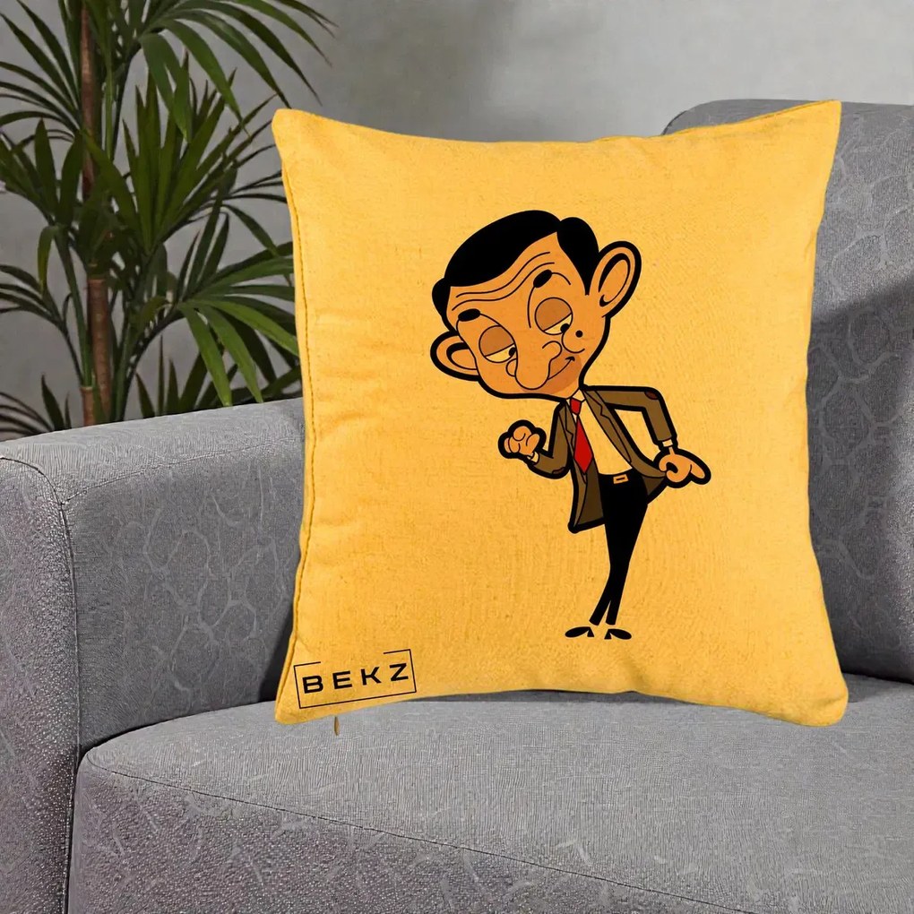 Perna Personalizata Mr. Bean Caricatura, 40x40 cm, Galben, Husa Detasabila, Perna Inclusa, BEKZ®