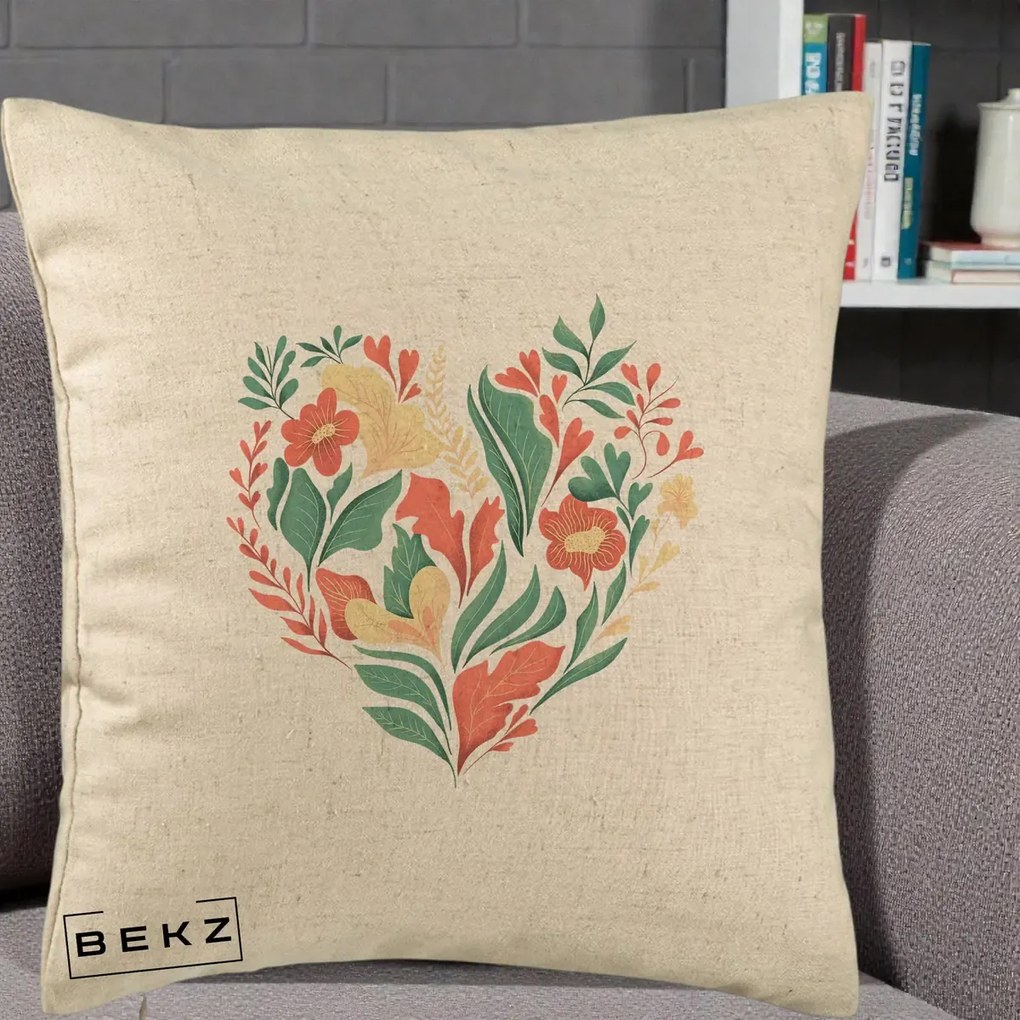 Perna Decorativa Inima Florala Botanica, 40x40 cm, Bej, Husa Detasabila, Perna Inclusa, BEKZ®