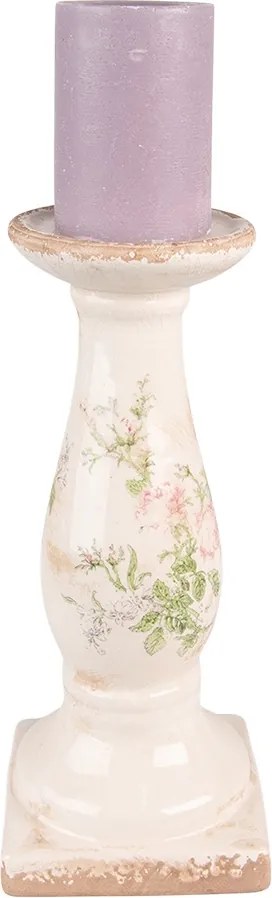 Suport lumanare, bej, din ceramica, aspect vintage, H30 cm, Flowers