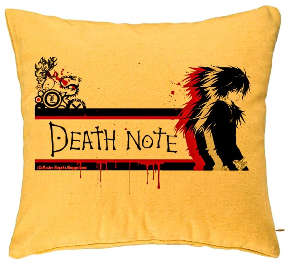 Perna Decorativa cu Death note 3, 40x40 cm, Galben, Husa Detasabila, Burduf