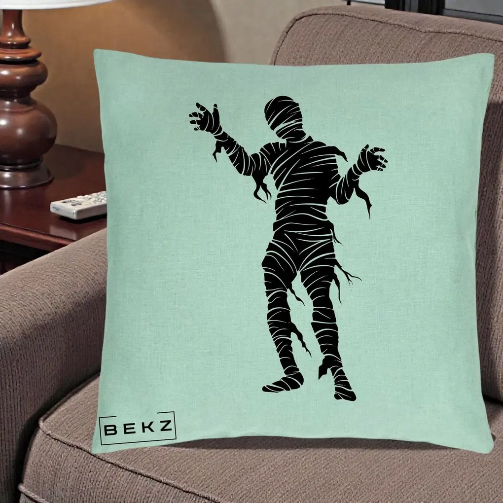 Perna Decorativa Mormii Infricosat Silueta Neagra Halloween, 40x40 cm, Verde Menta, Husa Detasabila, Perna Inclusa, BEKZ®