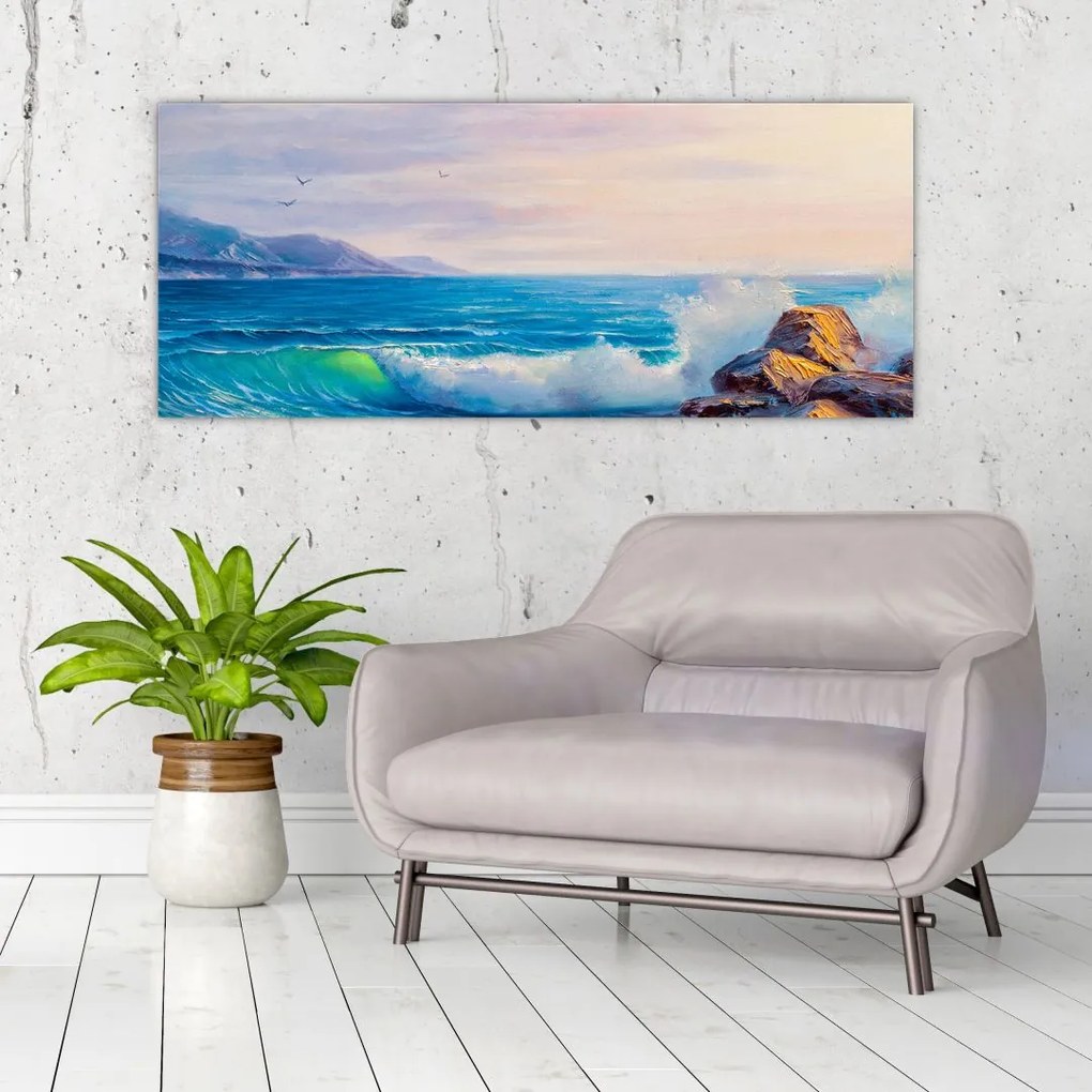 Tablou - Valuri lovind stânci, pictură în ulei (120x50 cm)