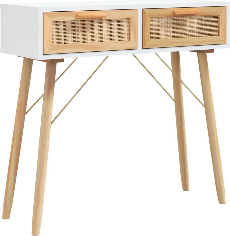 vidaXL Masă consolă alb 80x30x75 cm lemn masiv pin și ratan natural