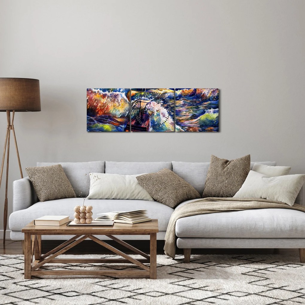 Tablou - Navă pe valurile oceanului, aquarelă (cu ceas) (90x30 cm)