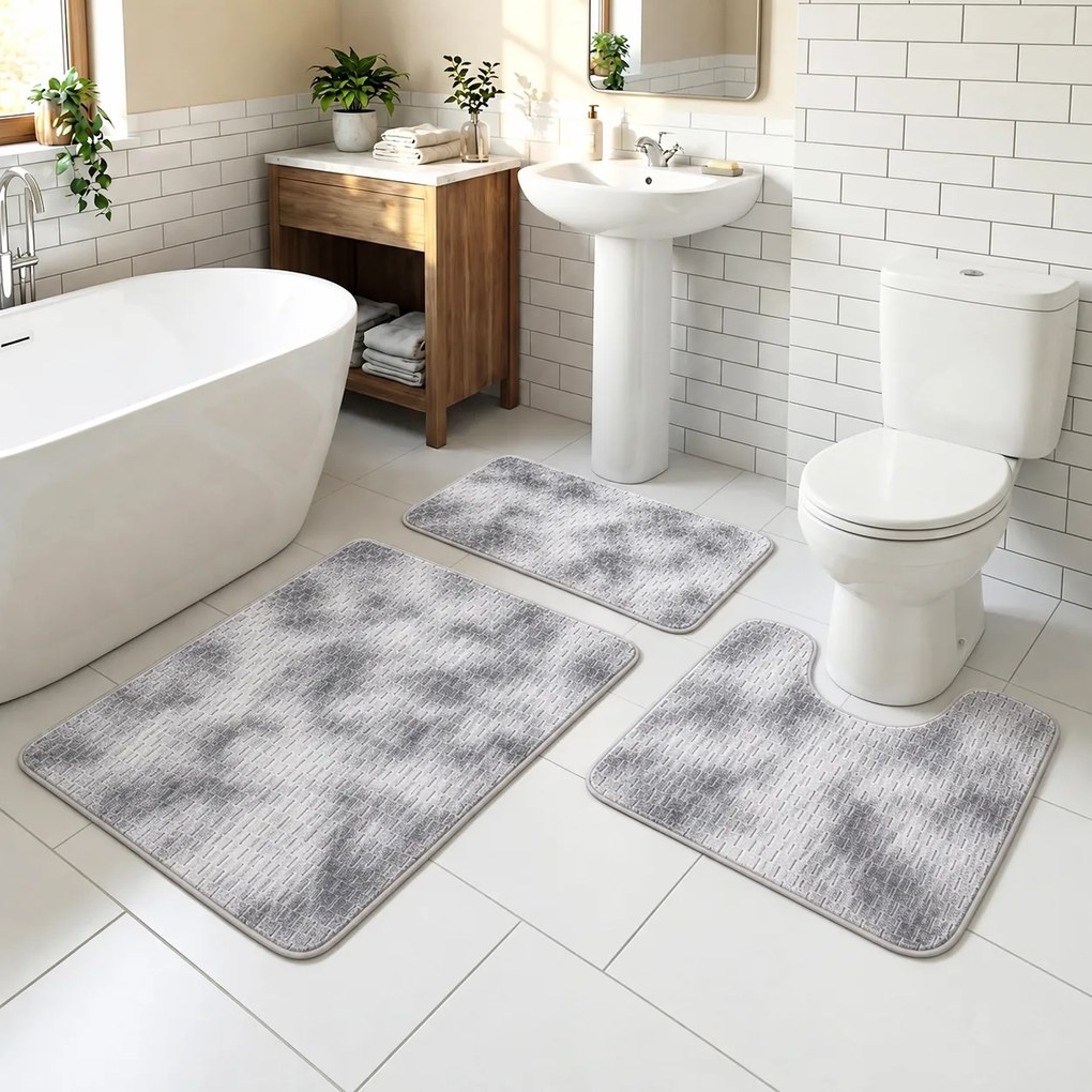 Set covoare baie antiderapante, 3 piese, model abstract, gri, CBA424