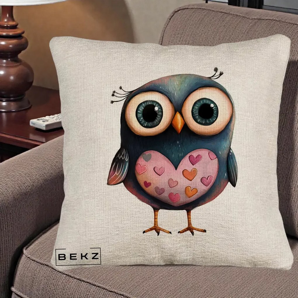 Perna Decorativa Bufnita cu Inimioare Roz, 40x40 cm, Bej Canapea, Husa Detasabila, Perna Inclusa, BEKZ®