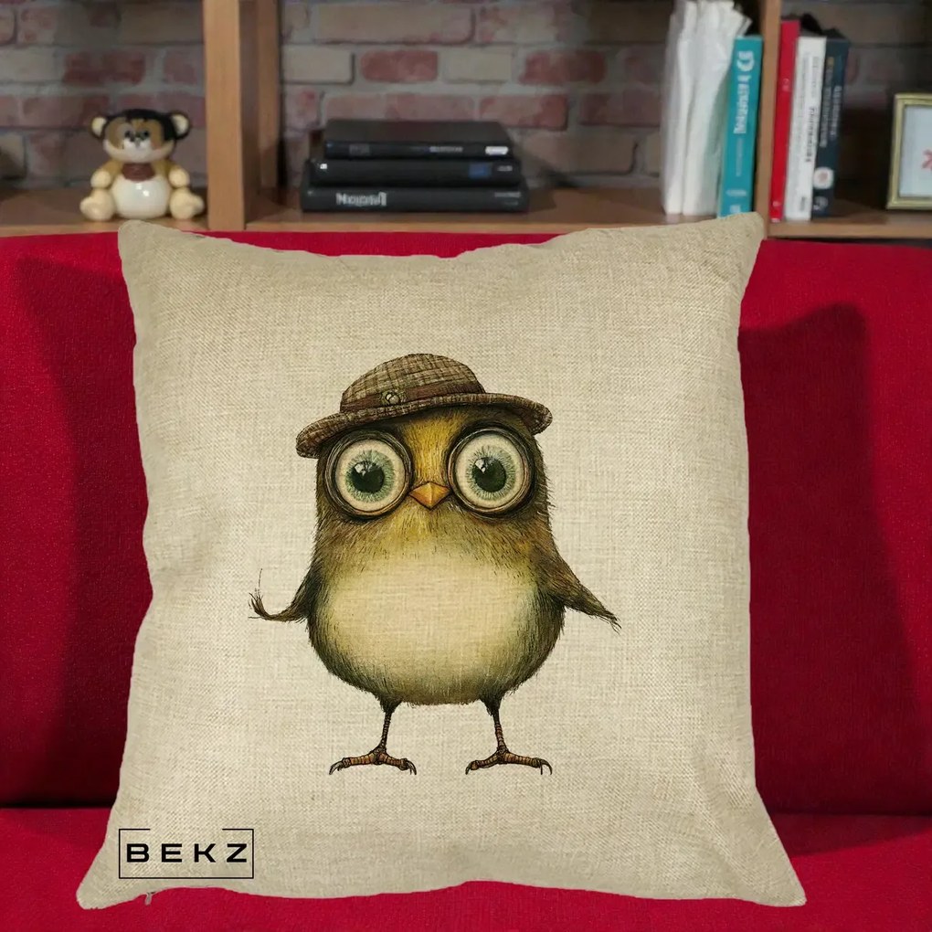 Perna Decorativa Pui Intelectual cu Palarie Tweed, 40x40 cm, Crem, Husa Detasabila, Perna Inclusa, BEKZ®
