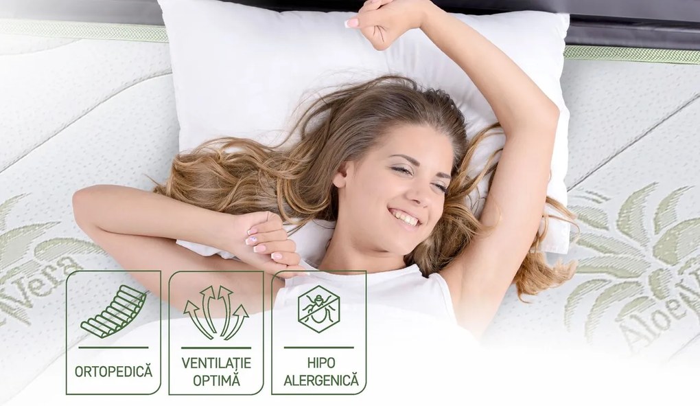 Saltea Aloe Vera 14+2 Memory, 130x200 cm, H 18 cm, husa cu fibre de bambus, Ortopedica, aerisire 3D Free Air