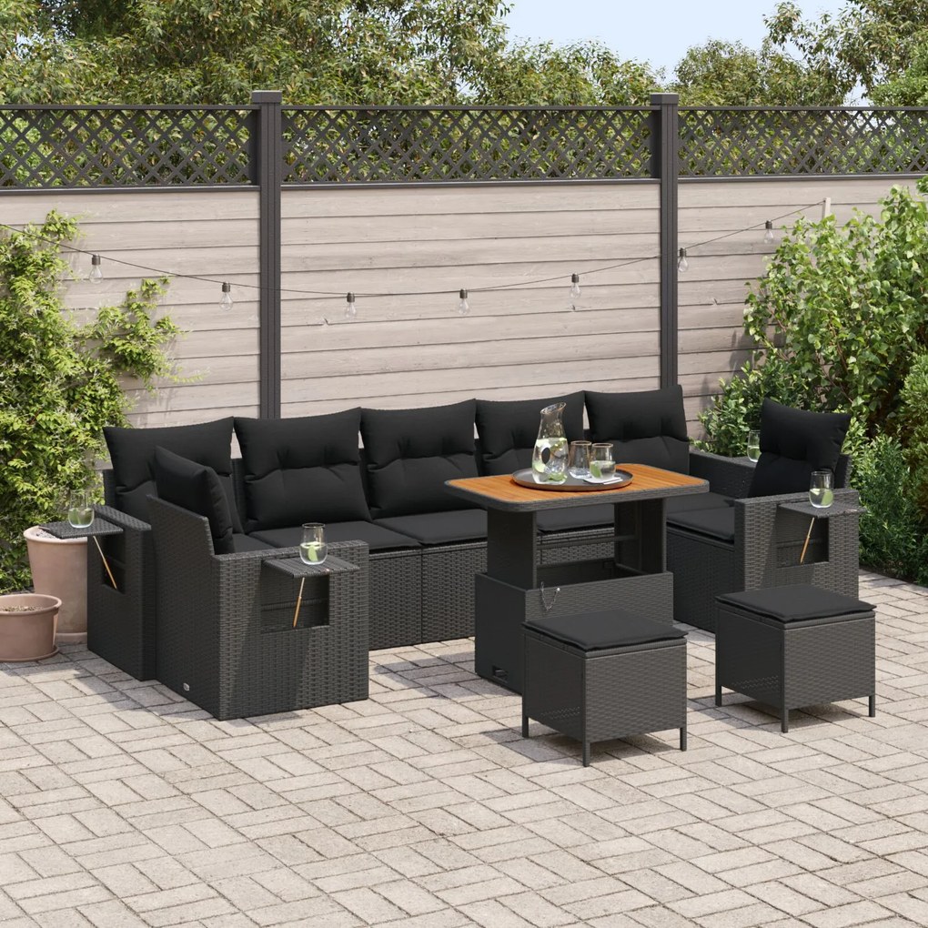 vidaXL Set de canapele de grădină cu 10 piese și perne, Negru, Poly Rattan, Acacia.