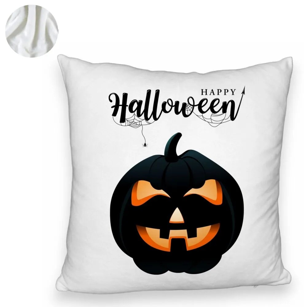 Perna Decorativa Fluffy cu motiv Dovleac de Halloween si Text, 40x40 cm, Alba, Husa Detasabila, Burduf