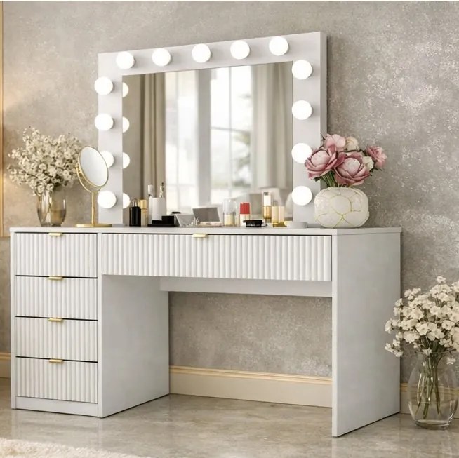 SEA93 - Set Masa Alba toaleta cu riflaj, 120 cm, cosmetica, masuta machiaj, oglinda cu LED cu sau fara Priza, cu sau fara scaun