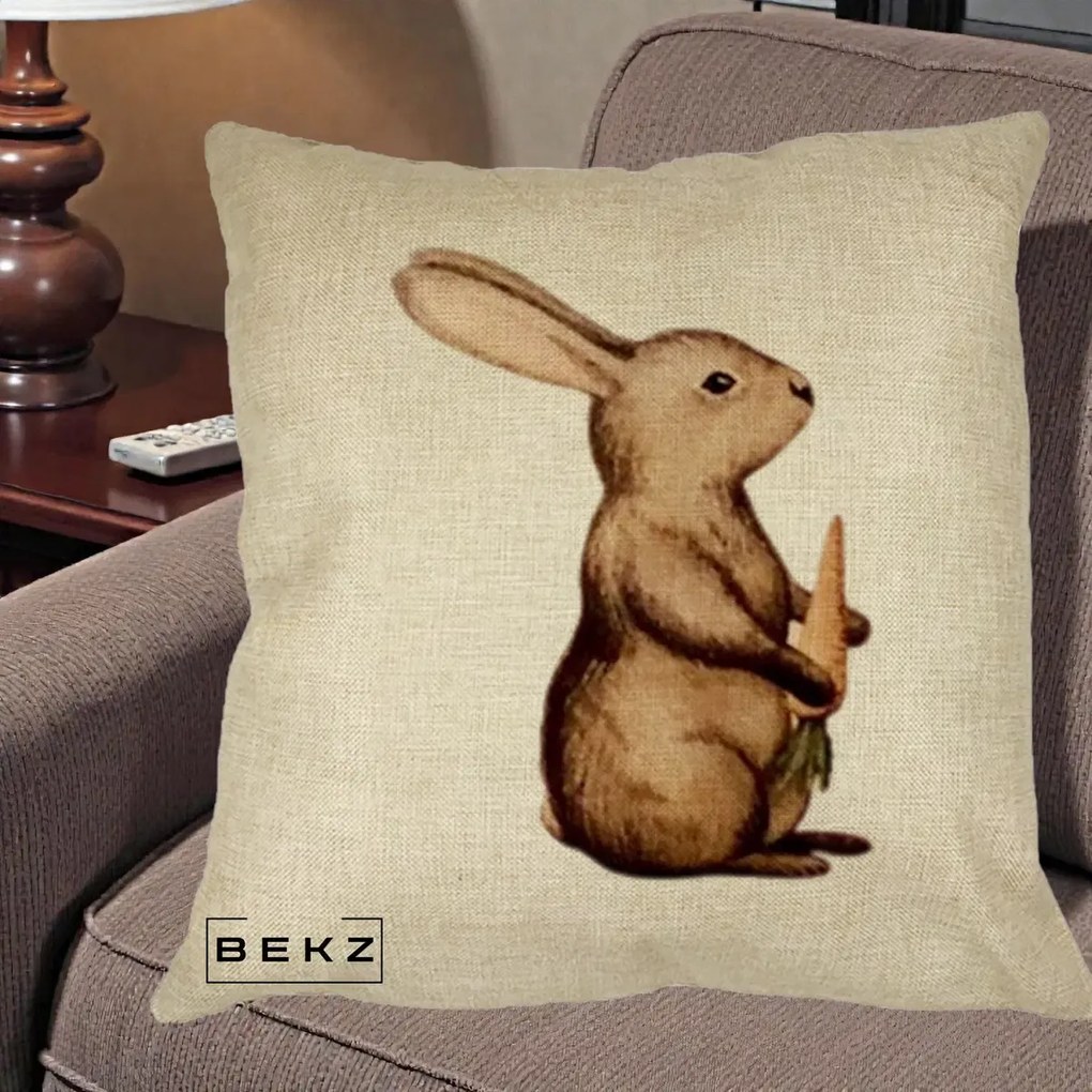Perna Decorativa Iepuras Acuarela cu Morcov, 40x40 cm, Crem, Husa Detasabila, Perna Inclusa, BEKZ®
