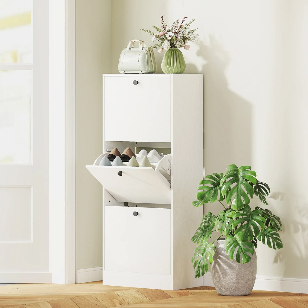 HOMCOM Dulap cu 3 Uși Rabatabile Rafturi Ajustabile și Design Compact 47x28x115 cm Alb cu Inserții de Lemn | Aosom Romania