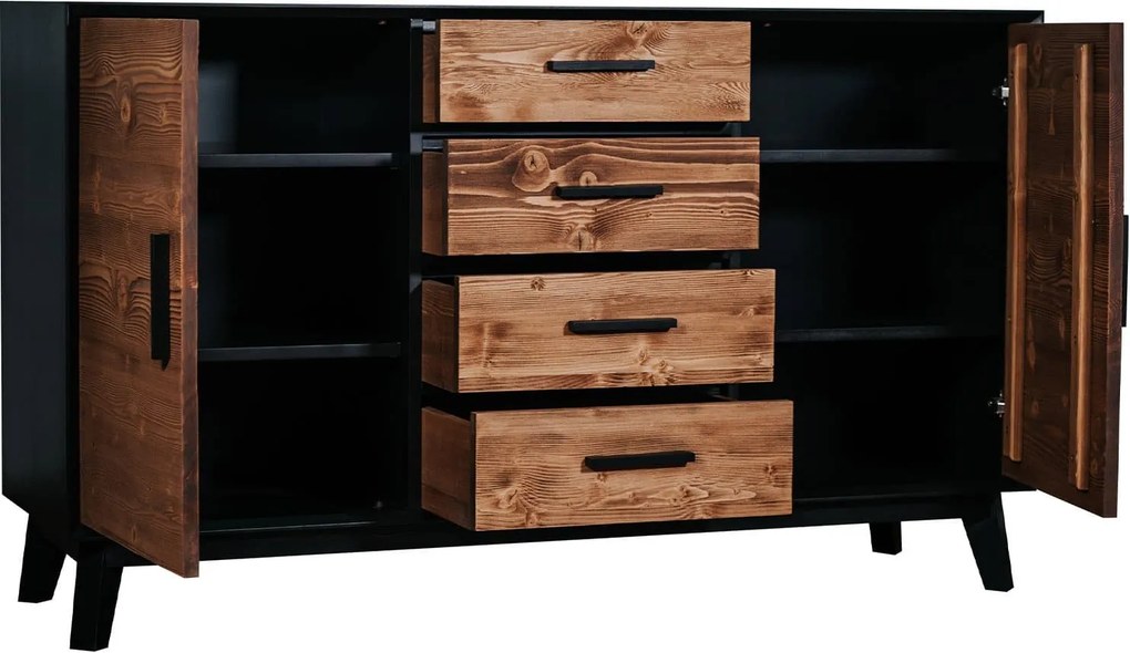 Comodă lemn masiv Timeless 4 Sertare 2 Uși Negru, 146 × 45 × 85 cm