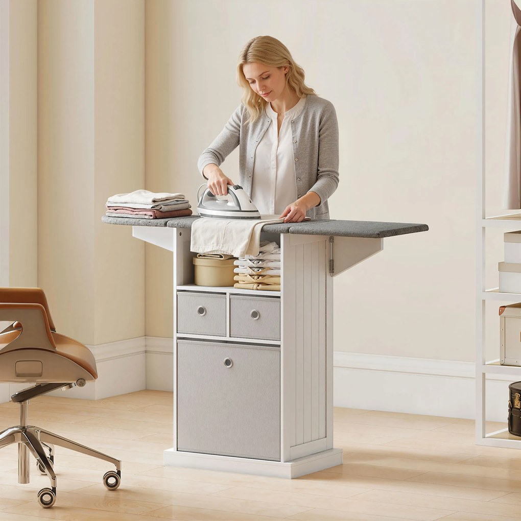 HOMCOM Dulap cu Masă de Călcat Pliabil Economisitor de Spațiu, Dulap Multifuncțional cu 3 Sertare din Material Textil Aspect In, Roți Cu Frână, Raft Deschis, pentru Băi și Spații de Rufe, 121x37x89.5 cm, Alb | Aosom Romania