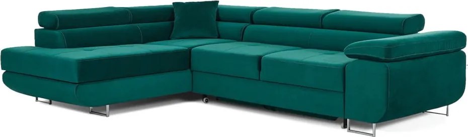 Colțar verde extensibil/cu spațiu de depozitare cu tapițerie din catifea (cu colț pe partea stângă/în formă de ”L”) Anton – ELTAP