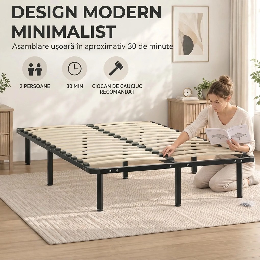 HOMCOM Pat Industrial 120x190x31 cm cu 28 de Lamele și Spațiu de Depozitare, Lemn și Oțel, Negru și Lemn Natural | Aosom Romania