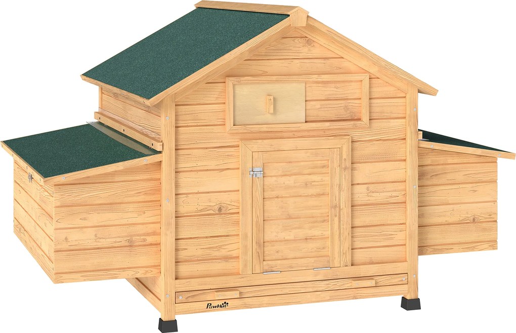 PawHut Coteț din Lemn cu 2 Căsuțe, Coteț pentru Găini de Exterior cu Acoperiș Impermeabil, Tavă Detașabilă și Bare, Adăpost pentru 2-4 Găini, Rațe, Grădină, 150x100x96,5 cm, Galben | Aosom Romania