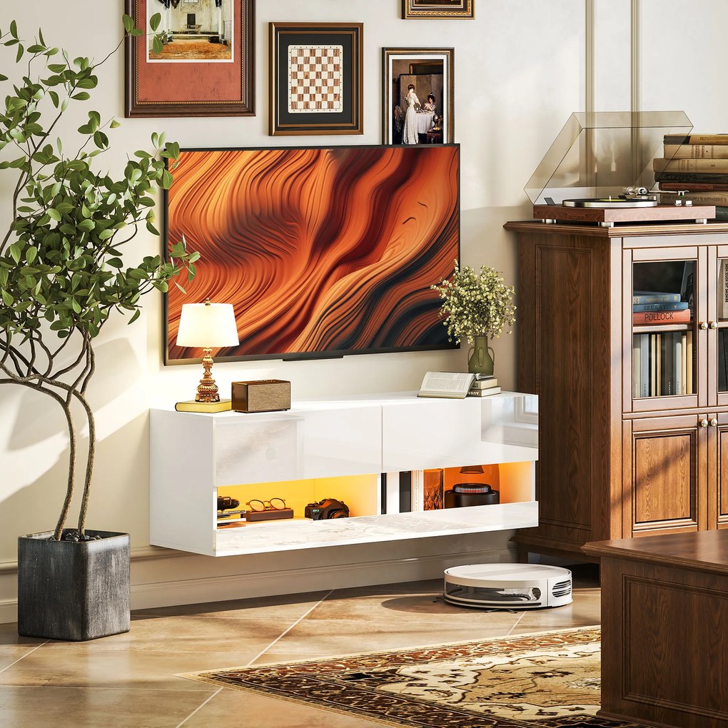 HOMCOM Dulap TV montat pe perete cu LED-uri, 16 moduri de clipire, Dulap TV montat pe perete, Rafturi deschise, 120 x 35 x 40,5 cm, Alb | Aosom Romania