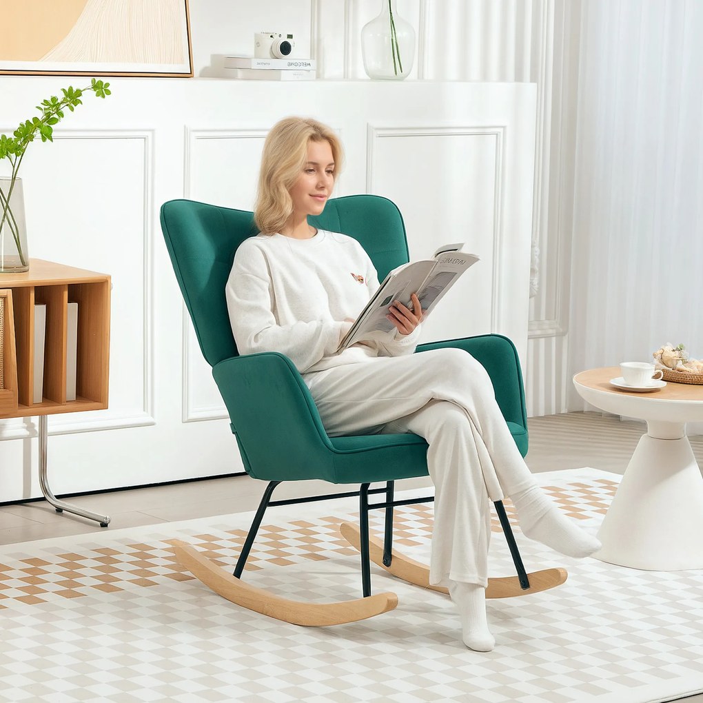 HOMCOM Fotoliu cu leagăn rocking chair acoperiș din catifea structură din oțel 71 x 98 x 101 cm Verde | Aosom Romania