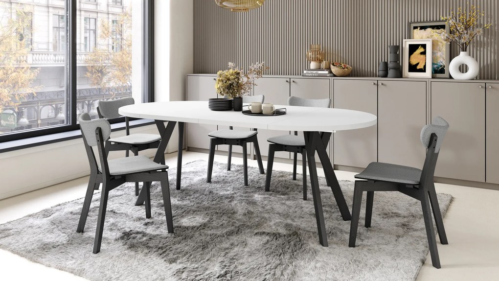 Mazzoni ALMO Alb Mat/picioare negre - MASĂ ROTUNDĂ EXTENSIBILĂ CU PICIOARE ÎN FORMĂ DE Y STIL LOFT PENTRU SALON/SUFRAGERIE