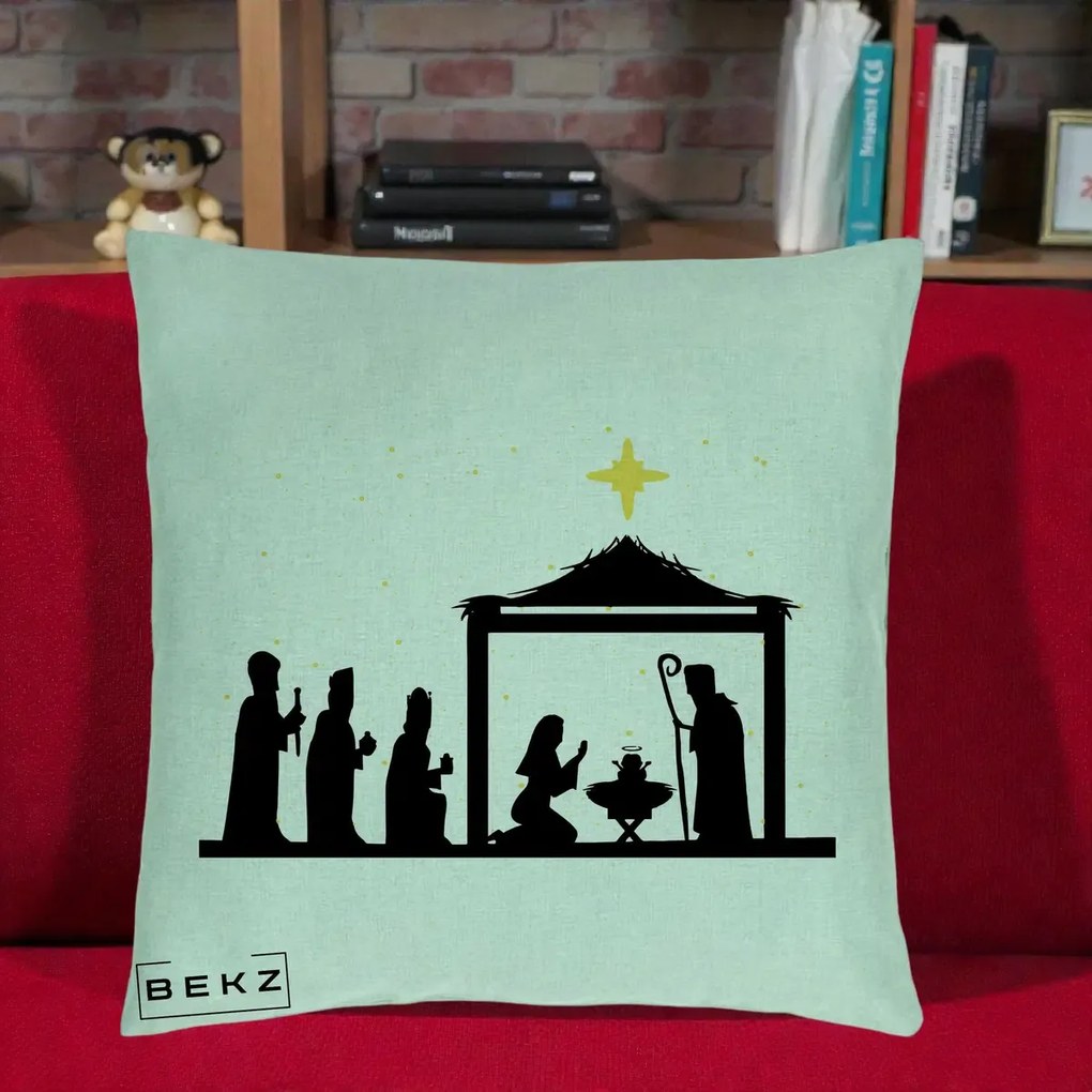 Perna Decorativa Nasterea Pruncului Silueta Neagra si Stea Aurie, 40x40 cm, Verde Menta, Husa Detasabila, Perna Inclusa, BEKZ®