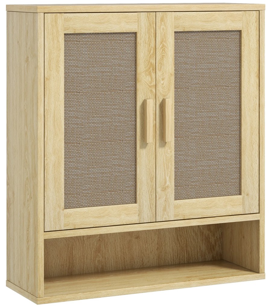 HOMCOM Mobilier de baie de perete dulap wc suspendat cu uși duble și raft deschis 59 x 20 x 66,5 cm efect lemn de stejar | Aosom Romania