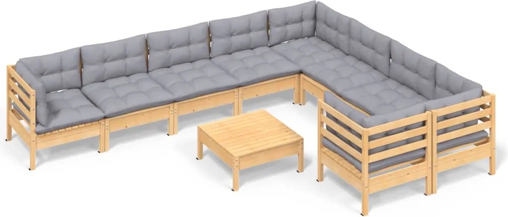 vidaXL Set mobilier de grădină cu perne gri 10 piese lemn masiv de pin