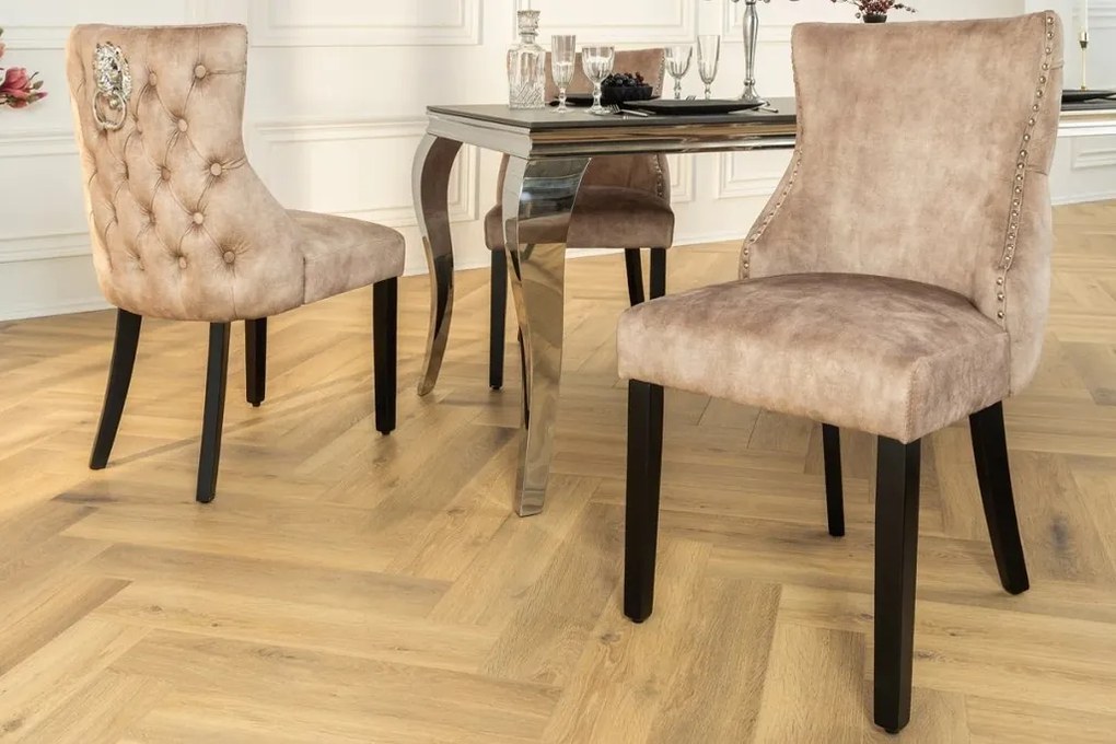 Set 2 scaune Stil Baroc, Catifea, Bej, Lemn, Negru, CASTLE DELUXE