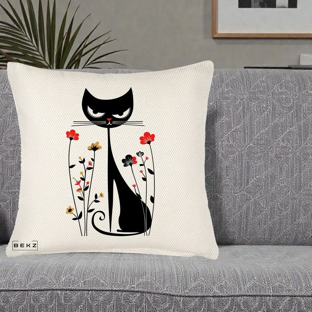 Perna Decorativa Pisica Neagra Grafica Flori Rosii, 40x40 cm, Crem Reliefat, Husa Detasabila, Perna Inclusa, BEKZ®