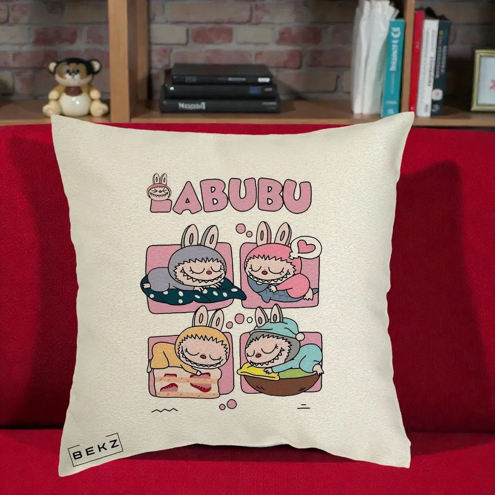 Perna Personalizata Labubu Sleeping Quad Grid, 40x40 cm, Ecru, Husa Detasabila, Perna Inclusa, BEKZ®